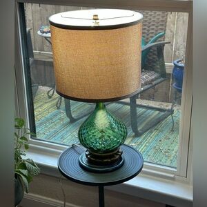 Green Empoli Textured Glass Table Lamp with Beige Drum Shade